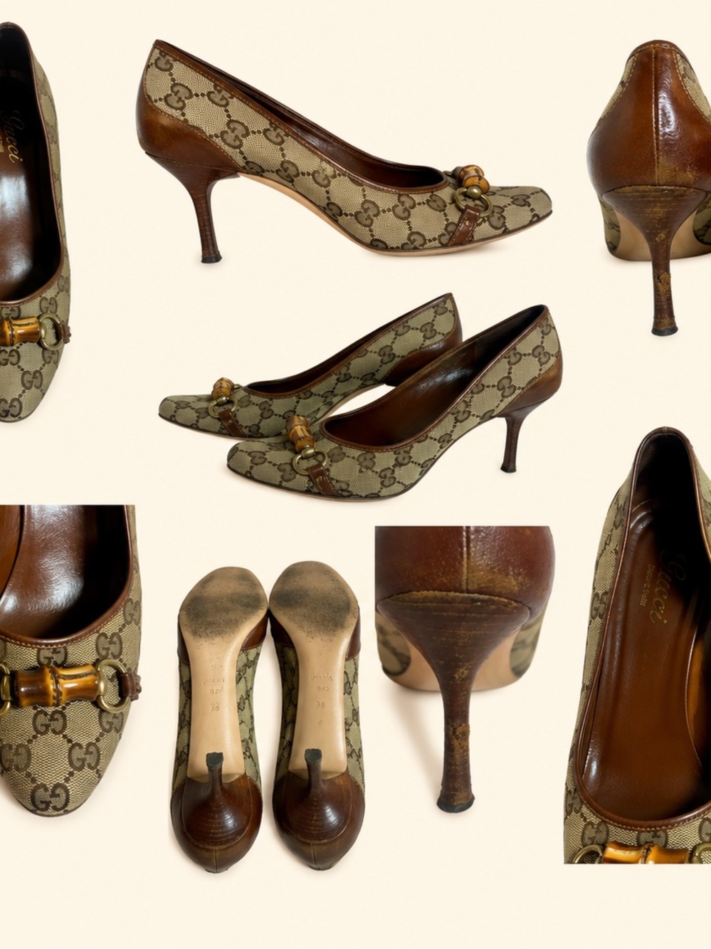 Gucci Tan GG Canvas and Brown Leather Pumps with Bamboo Detail AUTHENTIC Size 10